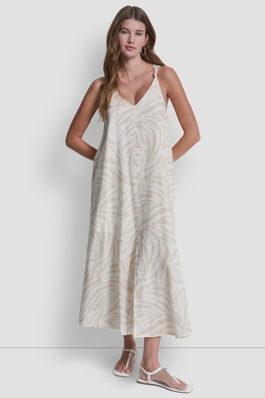 DKNY LINEN-BLEND TIE BACK MAXI DRESS Eggnog Size M 1517